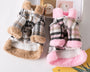 Plaid winter jacket for small dogs and cats made of polyester with cotton padding, fur collar, and leash attachment for warmth and cold-weather protection