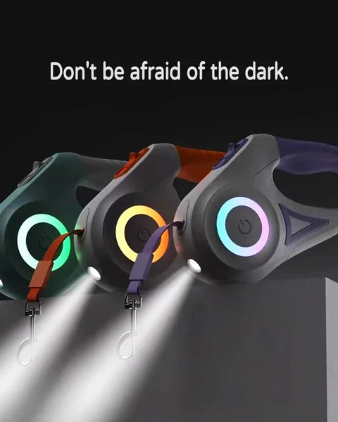 LED retractable dog leash for dogs and cats that provides controlled walking distance and improved visibility during low-light conditions.