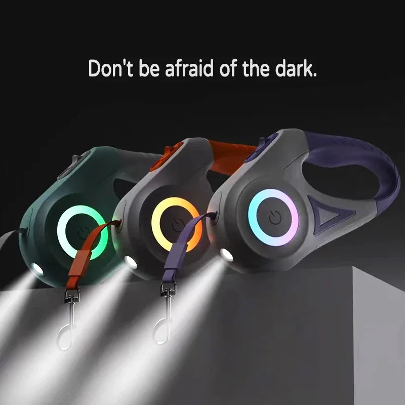 LED retractable dog leash for dogs and cats that provides controlled walking distance and improved visibility during low-light conditions.