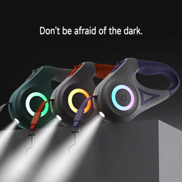 LED retractable dog leash for dogs and cats that provides controlled walking distance and improved visibility during low-light conditions.