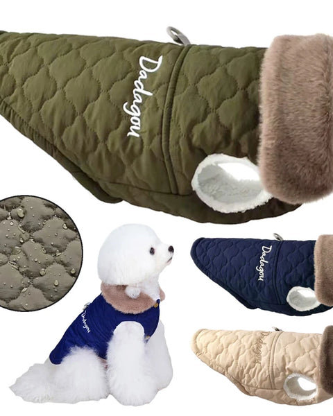 Fleece winter dog jacket for small breeds with fur collar and leash D-ring providing warmth, wind protection, and comfort during cold weather walks