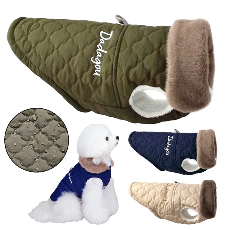 Fleece winter dog jacket for small breeds with fur collar and leash D-ring providing warmth, wind protection, and comfort during cold weather walks
