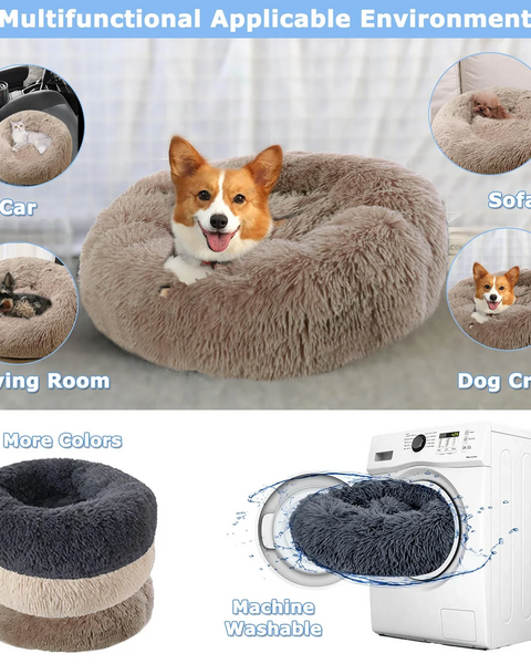 Donut-shaped plush pet bed made with long plush fabric and PP cotton filling, designed to provide warm orthopedic-style comfort and a secure calming sleep environment for cats and dogs