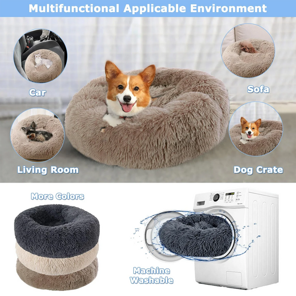 Donut-shaped plush pet bed made with long plush fabric and PP cotton filling, designed to provide warm orthopedic-style comfort and a secure calming sleep environment for cats and dogs