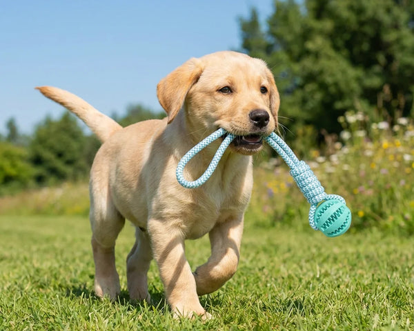 Cotton rope dog toy for dogs that supports chewing, dental cleaning, and interactive tug-of-war play.
