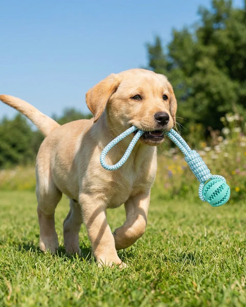 Cotton rope dog toy for dogs that supports chewing, dental cleaning, and interactive tug-of-war play.