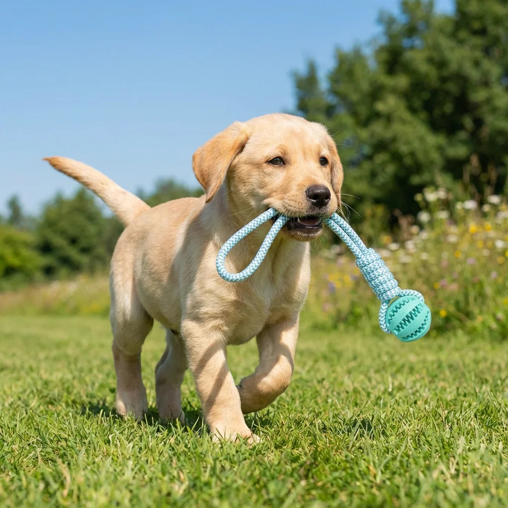Cotton rope dog toy for dogs that supports chewing, dental cleaning, and interactive tug-of-war play.