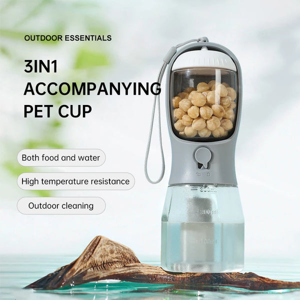3-in-1 Portable Dog Water Bottle with Food Container and Waste Bag Storage
