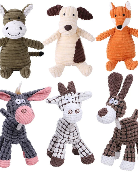 Plush squeaky dog toy for dogs that supports chewing, mental stimulation, and interactive play for daily enrichment.