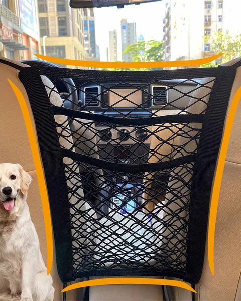 Pet car barrier net for dogs that provides safe seat separation and helps prevent driver distraction during travel