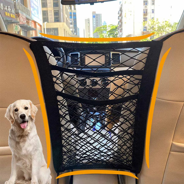 Pet car barrier net for dogs that provides safe seat separation and helps prevent driver distraction during travel