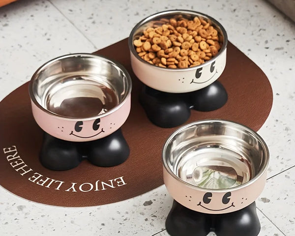 Elevated stainless steel pet feeder for cats and dogs with raised design for improved posture and reduced neck strain during eating