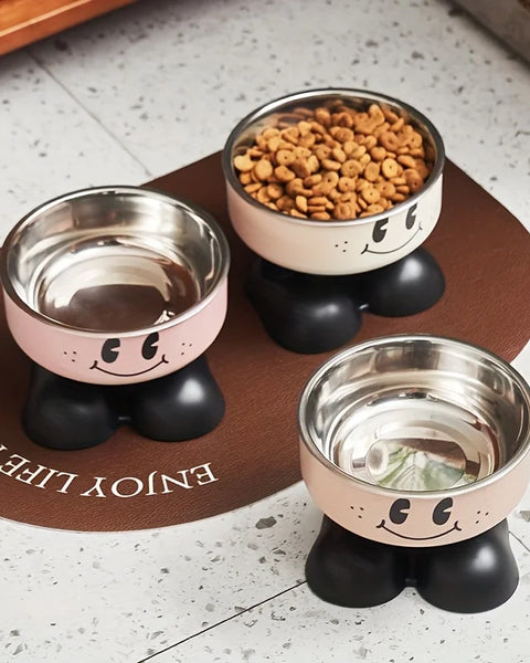 Elevated stainless steel pet feeder for cats and dogs with raised design for improved posture and reduced neck strain during eating