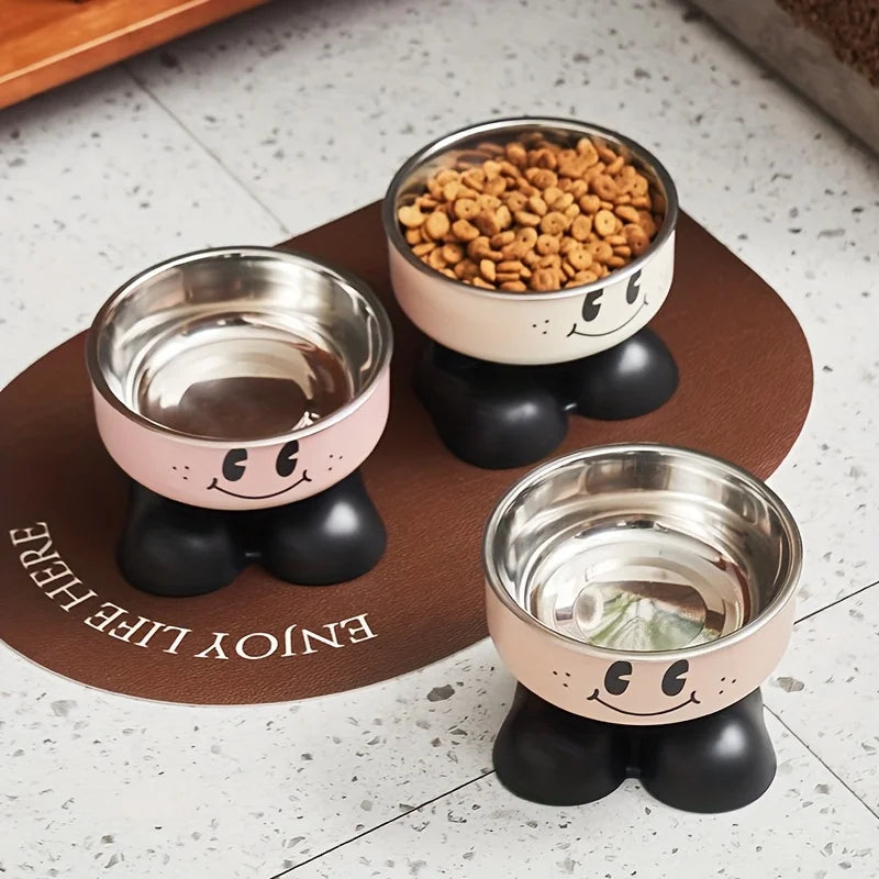 Elevated stainless steel pet feeder for cats and dogs with raised design for improved posture and reduced neck strain during eating