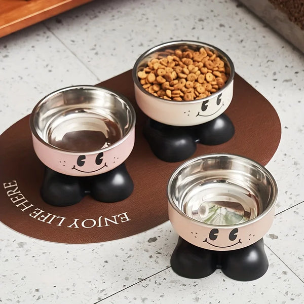 Elevated stainless steel pet feeder for cats and dogs with raised design for improved posture and reduced neck strain during eating