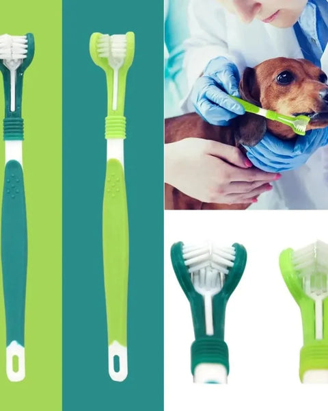 3-sided pet toothbrush for dogs and cats that helps remove plaque, tartar, and food debris for improved daily oral hygiene.