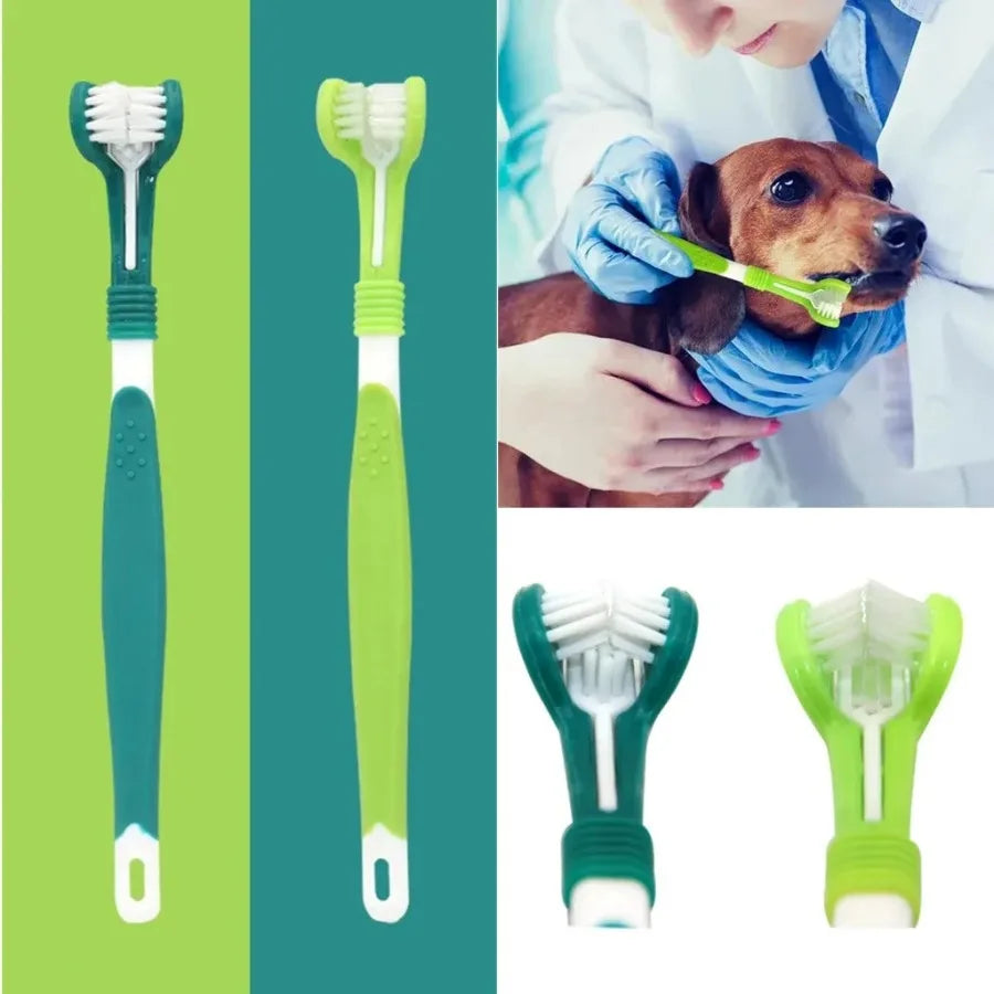3-sided pet toothbrush for dogs and cats that helps remove plaque, tartar, and food debris for improved daily oral hygiene.