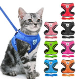 Breathable adjustable mesh pet harness with leash for small to medium dogs and cats, featuring reflective safety strips and comfortable chest support for walking control