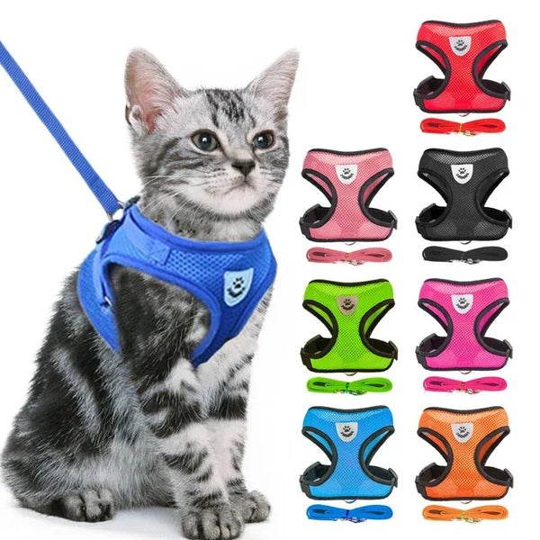 Breathable adjustable mesh pet harness with leash for small to medium dogs and cats, featuring reflective safety strips and comfortable chest support for walking control