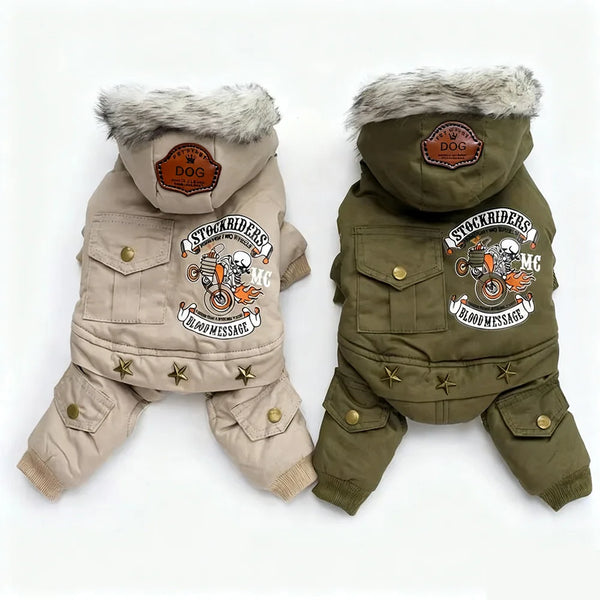 Warm hooded jumpsuit for small dogs made from soft insulated fabric to retain body heat and provide comfort and mobility during autumn and winter walks