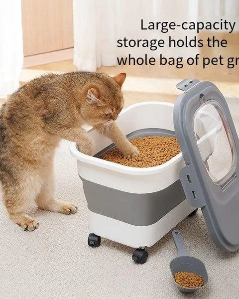 Airtight foldable pet food storage container for cats and dogs made from durable PP and TPE material with locking lid to keep dry food fresh and protected from moisture