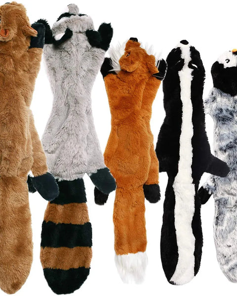 Stuffingless crinkle plush dog toy made from durable bite-resistant material designed to encourage chewing, fetching, and active play for puppies and adult dogs
