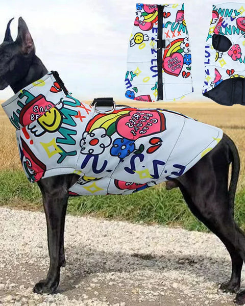 Waterproof windproof outdoor jacket for dogs made from polyester with leash attachment buckle to keep pets warm, dry, and comfortable during walks in cold weather
