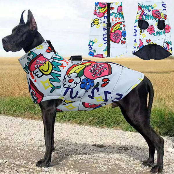 Waterproof windproof outdoor jacket for dogs made from polyester with leash attachment buckle to keep pets warm, dry, and comfortable during walks in cold weather
