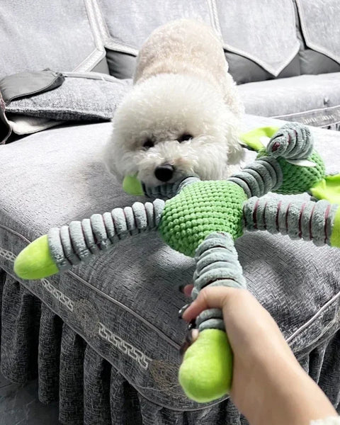 Plush squeaky dog toy for large dogs that supports chewing, dental health, and mental stimulation.