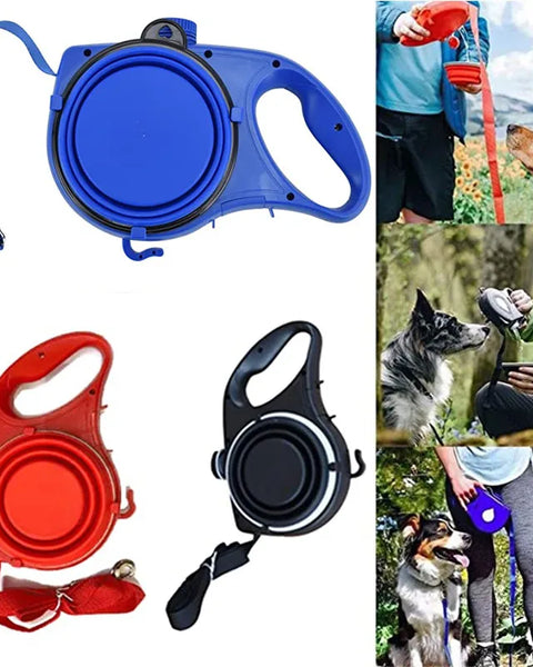 4-in-1 multifunction dog leash with built-in 300ml water bottle, foldable bowl, and waste bag dispenser, designed for safe, clean, and convenient walks and outdoor travel