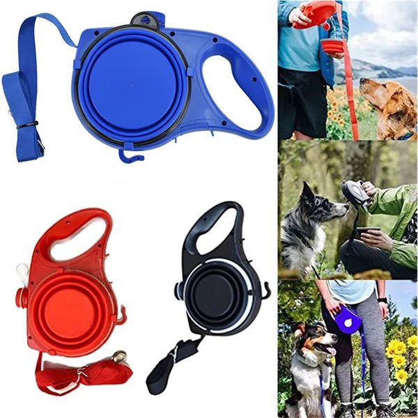 4-in-1 multifunction dog leash with built-in 300ml water bottle, foldable bowl, and waste bag dispenser, designed for safe, clean, and convenient walks and outdoor travel