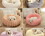 Round plush pet bed for dogs and cats that provides soft cushioning, anxiety relief, and supportive sleep comfort.