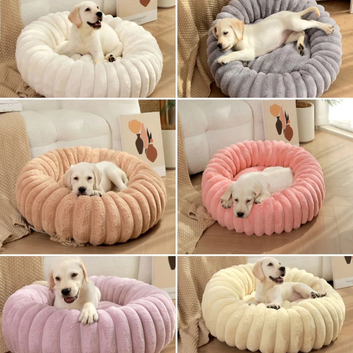 Round plush pet bed for dogs and cats that provides soft cushioning, anxiety relief, and supportive sleep comfort.