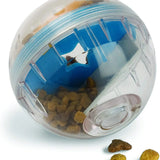Interactive treat dispensing ball for dogs that slows feeding and provides mental stimulation through engaging play.