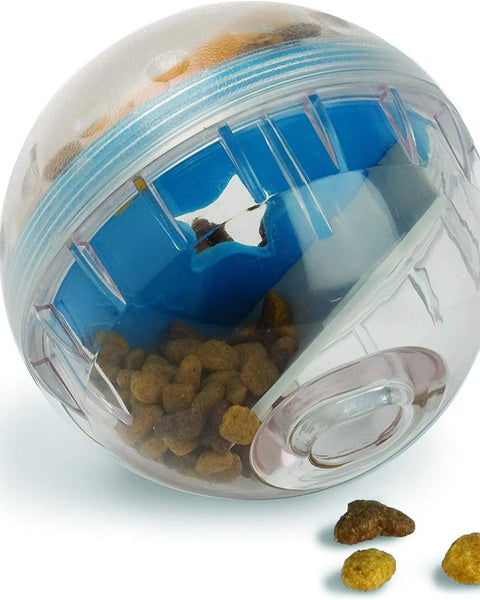 Interactive treat dispensing ball for dogs that slows feeding and provides mental stimulation through engaging play.