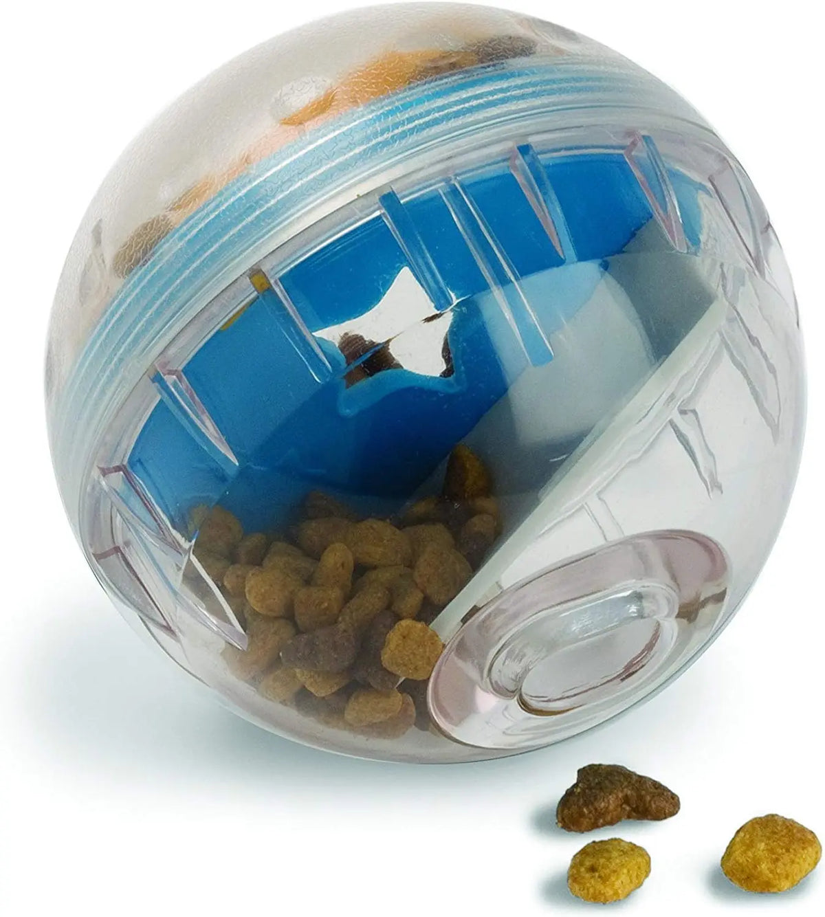 Interactive treat dispensing ball for dogs that slows feeding and provides mental stimulation through engaging play.