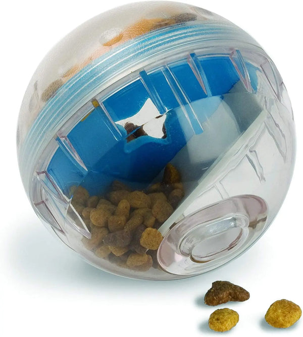 Interactive treat dispensing ball for dogs that slows feeding and provides mental stimulation through engaging play.