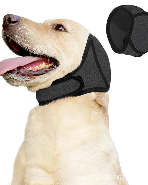 Noise-reducing dog hood for dogs that helps reduce sound exposure and provides comfort during stressful events like fireworks and thunderstorms.