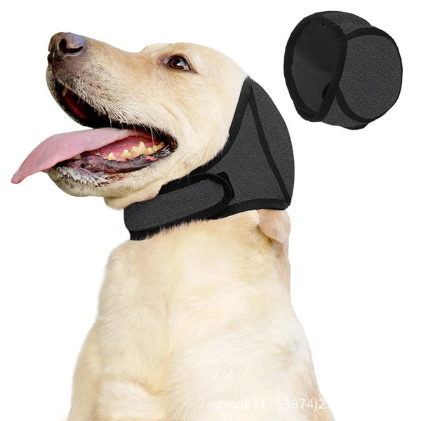 Noise-reducing dog hood for dogs that helps reduce sound exposure and provides comfort during stressful events like fireworks and thunderstorms.