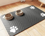 Quick-dry absorbent pet feeding mat with waterproof rubber backing to prevent spills and keep food and water bowl areas clean for dogs and cats.
