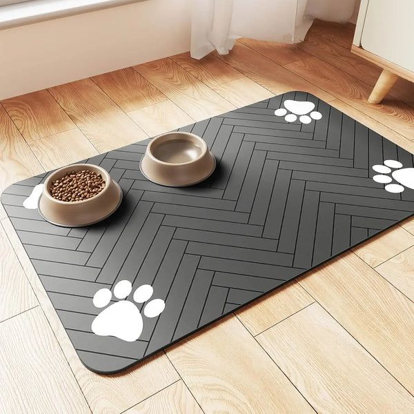 Quick-dry absorbent pet feeding mat with waterproof rubber backing to prevent spills and keep food and water bowl areas clean for dogs and cats.