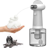USB rechargeable automatic pet foam dispenser for dogs and cats that provides easy shampoo application and reduces stress during bathing.