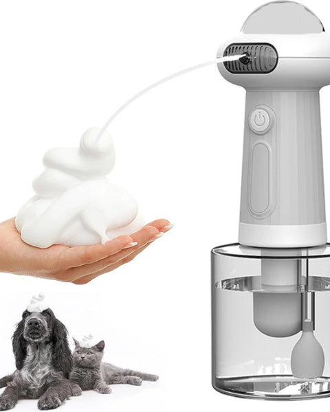 USB rechargeable automatic pet foam dispenser for dogs and cats that provides easy shampoo application and reduces stress during bathing.