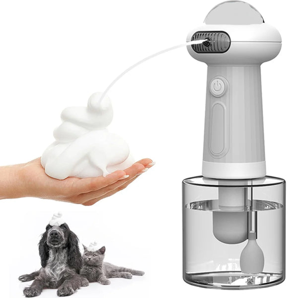 USB rechargeable automatic pet foam dispenser for dogs and cats that provides easy shampoo application and reduces stress during bathing.