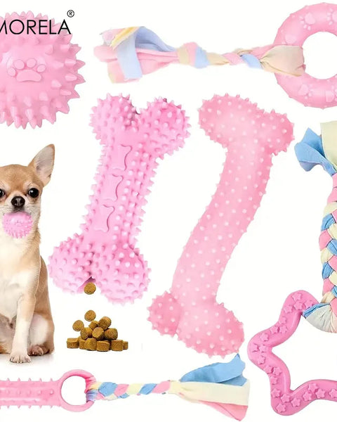 6-piece rubber dog toy set for small and medium dogs that supports chewing, dental health, and mental stimulation.