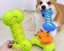 Durable bone-shaped rubber chew toy for dogs with built-in squeaker designed to promote dental health, reduce boredom, and support healthy chewing behavior
