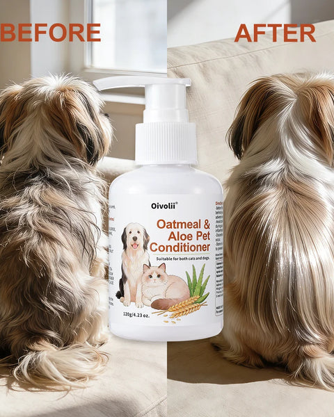 Oatmeal and aloe pet conditioner for dogs and cats that hydrates coat, reduces tangles, and improves fur softness and shine.