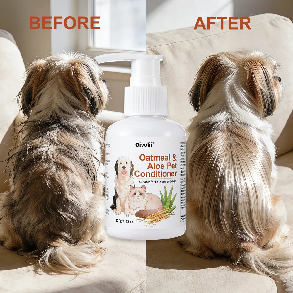 Oatmeal and aloe pet conditioner for dogs and cats that hydrates coat, reduces tangles, and improves fur softness and shine.