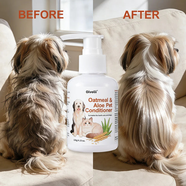 Oatmeal and aloe pet conditioner for dogs and cats that hydrates coat, reduces tangles, and improves fur softness and shine.