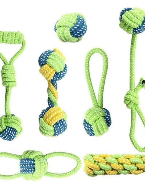 Cotton rope dog toy for dogs that supports dental cleaning, chewing, and interactive tug and fetch play.